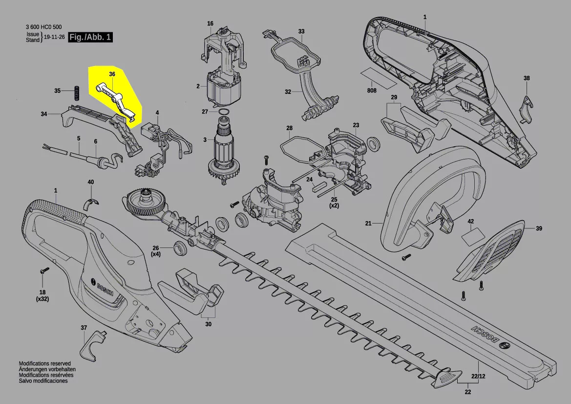 levier de gachette réf. 1 600 A01 52C pour taille-haie Bosch
